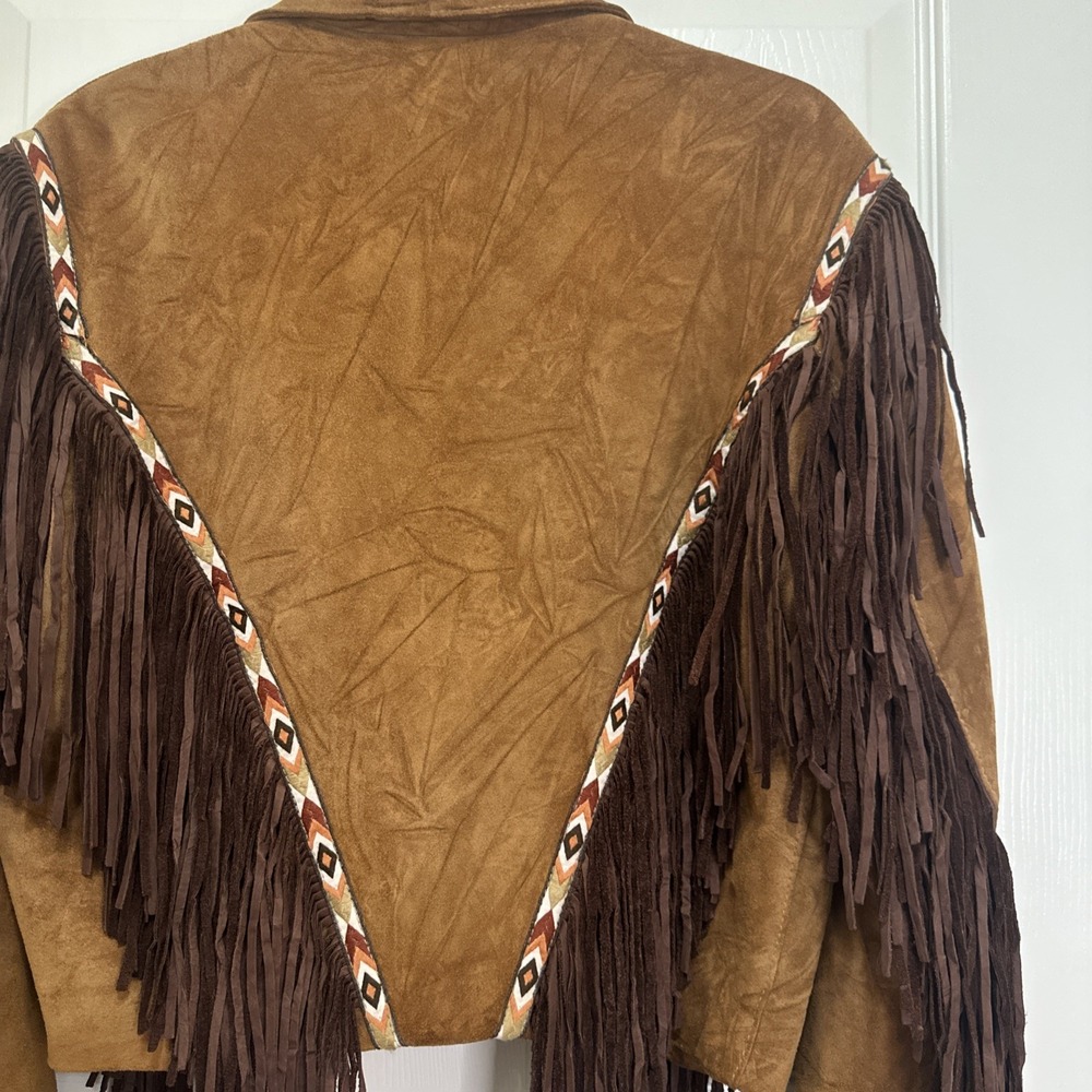Western Fringe Leather Suede Jacket‎ Button Up Brown Aztec Design Sz Woman's L - Picture 4 of 15